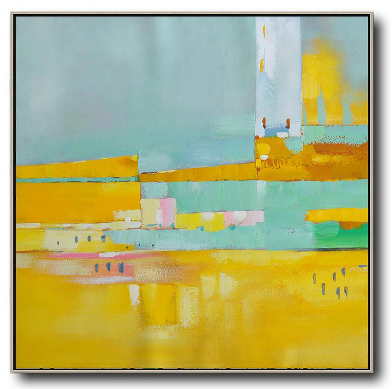 Handmade Large Painting,Oversized Contemporary Art,Abstract Painting For Home,Yellow,Sky Blue,Pink,White.etc